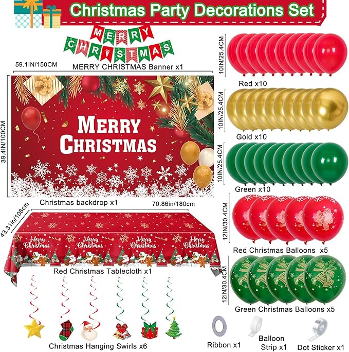 Christmas Party Decorations Set, Red Green Christma Balloon Arch, Merry Christmas Backdrop Banner Xmas Hanging Swirls Tablecloths for Xmas Party Indoor Outdoor Decorations Supplies