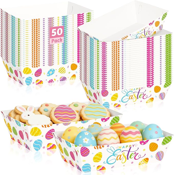50 Pack Easter Food Trays, 2 Pattern Disposable Paper Tray, Happy Easter Paper Serving Trays Table Decor, Large Egg Tableware Multicolor Party Supplies for Spring Chips Nacho Hot Dogs Popcorn