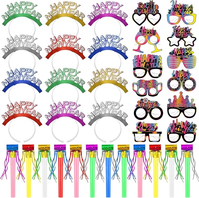 Openfly 36Pcs New Years Eve Party Supplies 2026 Happy New Year Hats Headband Tiara Noise Makers Paper Glasses Party Favors