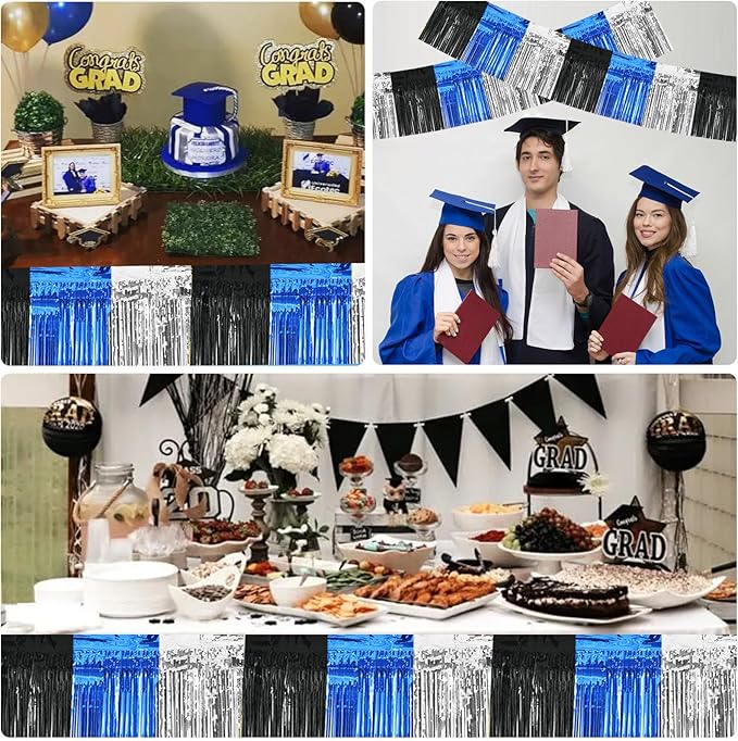 BEISHIDA 3 Packs Metallic Foil Fringe Garland Black Blue Silver Wall Hanging Tinsel Fringe Banners for Car Floats Bridal Shower Wedding Birthday Graduation Holiday Party Decoration(30 Feet)