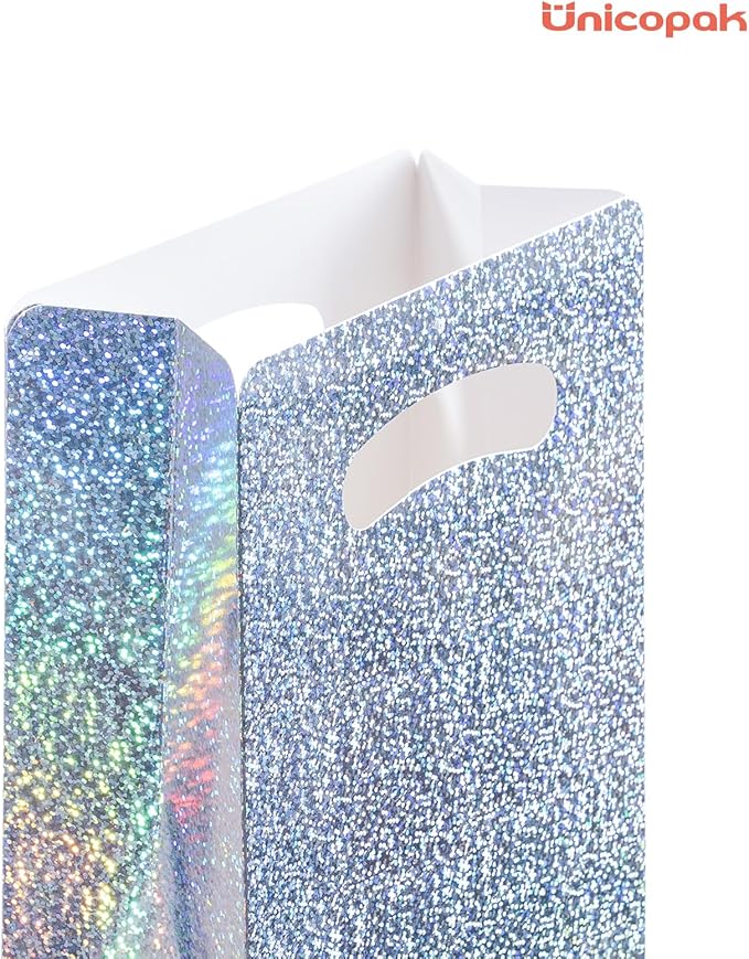 UnicoPak 16 Pack Premium Iridescent Party Favor Bags - 6x3x9 Glitter Goodie Bags for Birthday Party, Wedding - Sturdy Holographic Gift Bags with Auto-lock Bottom, Customizable for Treats & Cookies