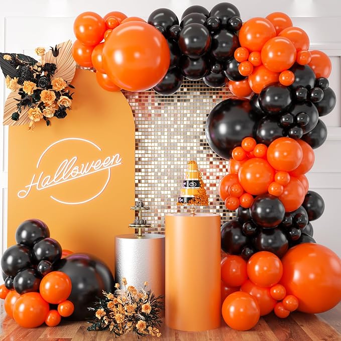 Black and Orange Balloon Arch Kit, 100pcs Orange and Black Balloon Arch Kit with Different Sizes 18/12/10/5 inch Latex Balloons for Halloween Anniversary Construction Theme Birthday Party Decorations