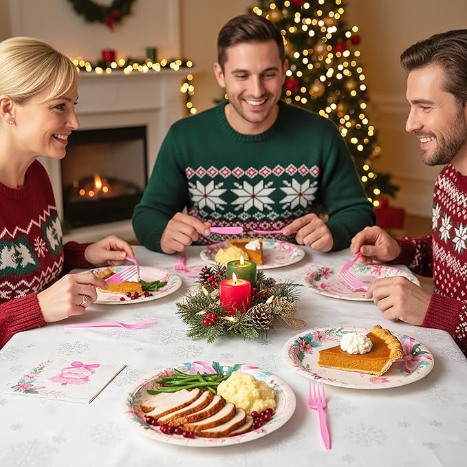 Christmas Coquette Pink Bow Xmas Tree Party Plate Supplies - Serves 24-96Pcs Party Tableware Decoration Disposable Paper Plate Napkin Fork for Winter Holiday Birthday Bachelorette