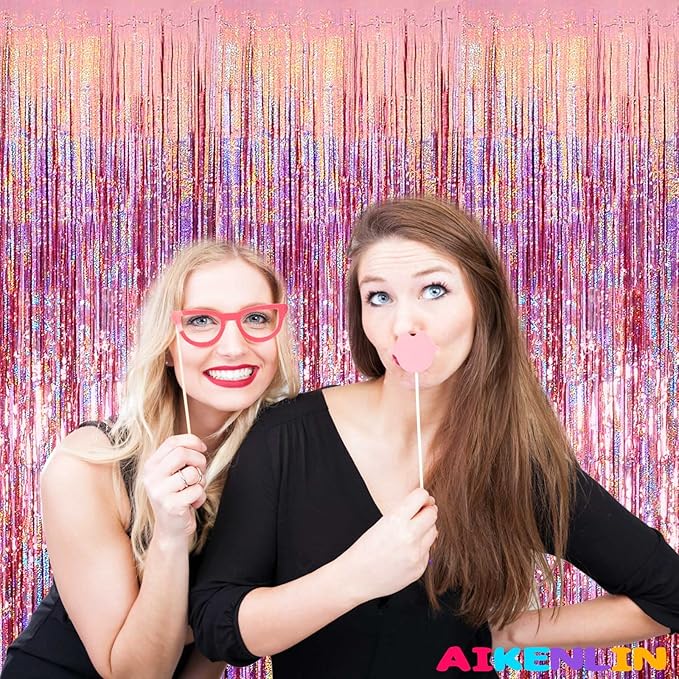 4 Pack 3.2Ft x 8.2Ft Rose Gold Foil Fringe Curtain Backdrop, Metallic Tinsel Foil Fringe Streamers Curtains Background for Photo Booth, Birthday, Wedding, Disco, Bachelorette, Christmas Party Decor