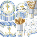 LemonRoad 452 Pcs God Bless Baptism Theme Party Decoration for 50 Gold Bless Flower Disposable Paper Plate Napkin Cup Tablecloth Cutlery Straw First Holy Communion Supplies for Christening Baby Shower
