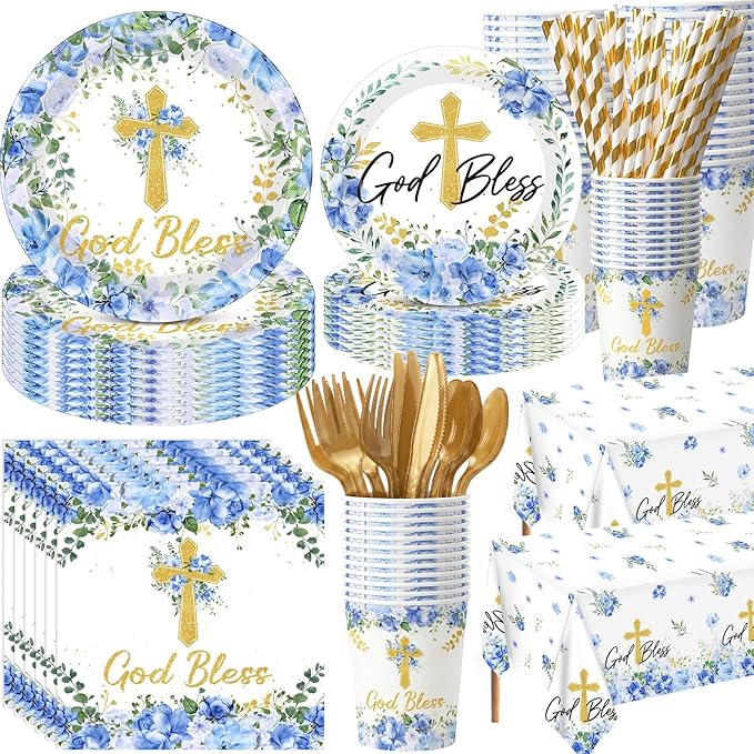 LemonRoad 452 Pcs God Bless Baptism Theme Party Decoration for 50 Gold Bless Flower Disposable Paper Plate Napkin Cup Tablecloth Cutlery Straw First Holy Communion Supplies for Christening Baby Shower