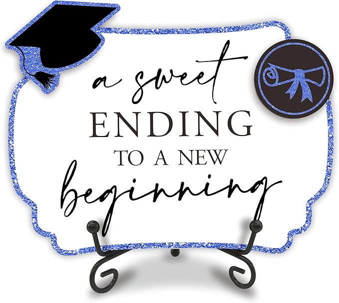 Blue Graduation Wooden Buffet Sign - A Sweet Ending To A New Beginning - 5"X7" Candy Sign With 1 Metal Support，2 DIY Wood Decor With Velcro, Grad Party Decor & Supplies - B07