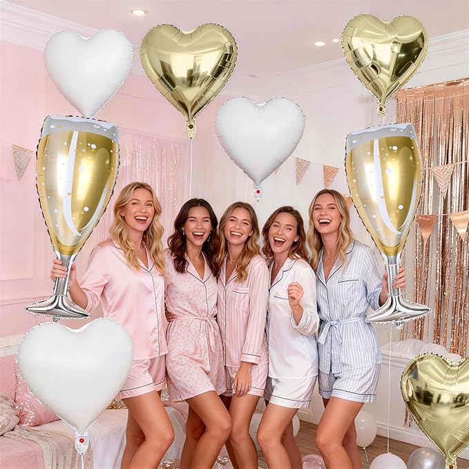 Champagne Balloons, Engagement Party Balloons with Champagne Bottle Glass Foil Mylar Balloon Gold White Heart Shaped Balloon for Wedding Anniversary Bachelorette Birthday Bridal Shower Decorations