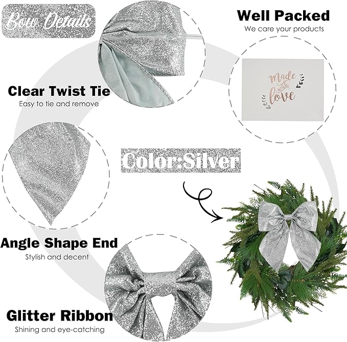 AIMUDI Silver Glitter Wired Ribbon Bows with Twist Tie 5.5" Premade Metallic Christmas Bows for Gift Wrapping, Wreath, Garland, Holiday Crafts Party Home Outdoor Christmas Tree Decorations, 12 PCs