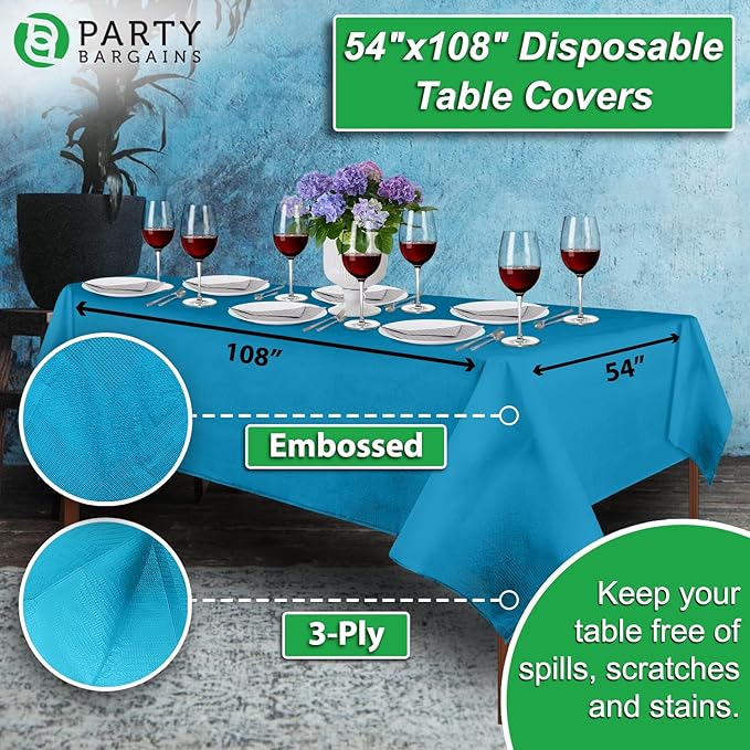 PARTY BARGAINS Disposable Table Covers, 54 x 108 Inch, Blue, 3-Ply Paper & Plastic Spill-Resistant Party Tablecloths, 10 Pack