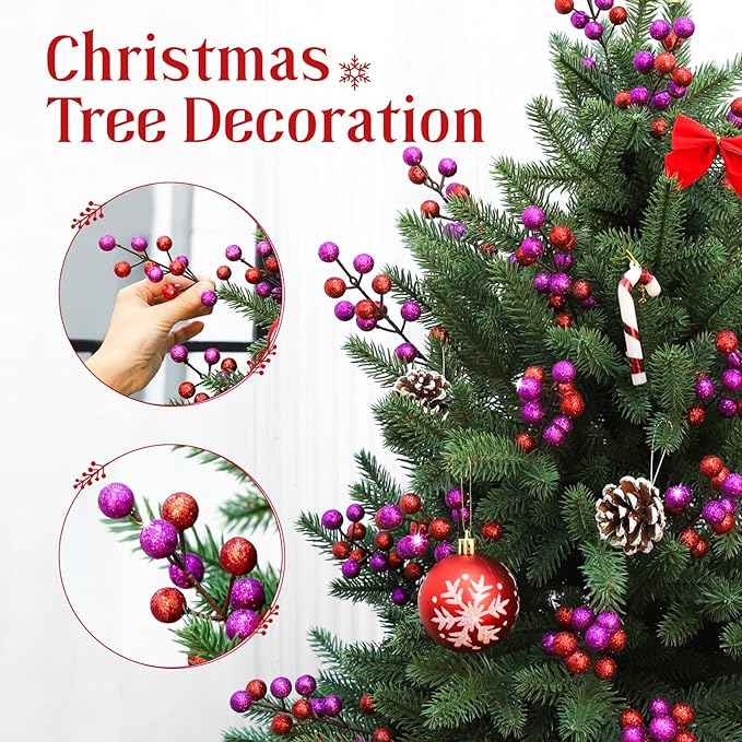 HOHOTIME 24 Pack Artificial Berry Stems Branches, Christmas Faux Holly Berries Branches Ornaments for Christmas Tree Wreath DIY Craft Decorations Holiday Home Decor
