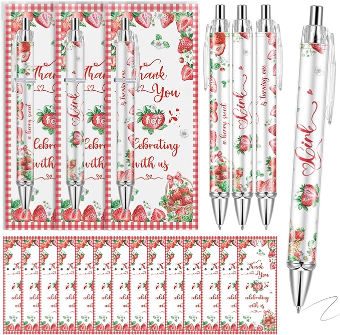 50 Pcs Strawberry Baby Shower Ballpoint Pens Favors Bulk,Baby Shower Gifts for Guest Prizes Neutral Gender Reveal Includes 50 Rolling Paper Pens and 50 Greeting Cards Souvenirs (Strawberry)