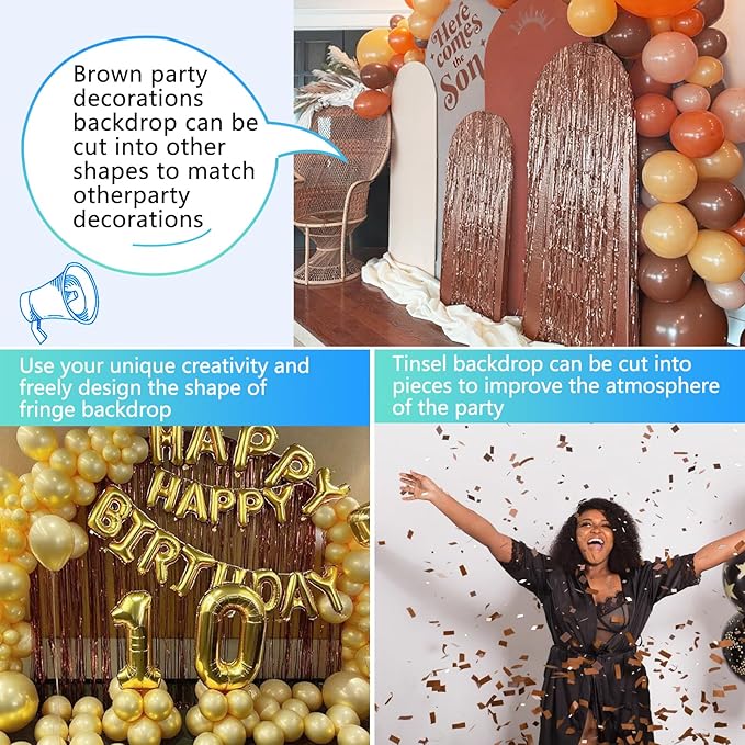 Brown Backdrop Tinsel Foil Curtain Football Party Decorations Streamers 2 Pack 3.3x8.2 ft for Birthday Superball Party Supplies Game Day Decorations Graduation Wedding Baby Shower Bridal Easter