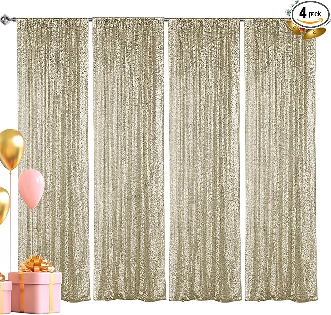 Hahuho Champagne Sequin Backdrop Curtain, 4PCS 2FTx8FT Glitter Backdrop Curtain for Parties, Christmas, Wedding, Party Decoration（4 Panels, 2FT x 8FT, Champagne