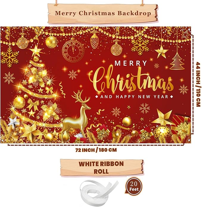 Red Gold Christmas Backdrop - Merry Christmas Banner for Xmas New Years Eve Party Decorations, 71x43inch