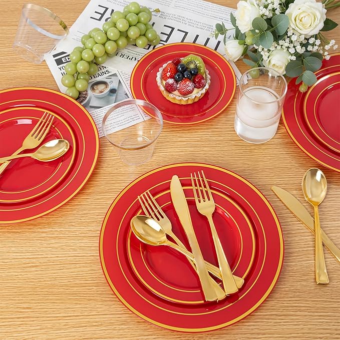175 Pieces Red Plastic Plates with Gold Rim Include Dinner Plate 10? Dessert Plate 7? gold Cups 9 OZ, Pre Rolled Napkins 25 of each type for Wedding Baby Shower Spring Birthday