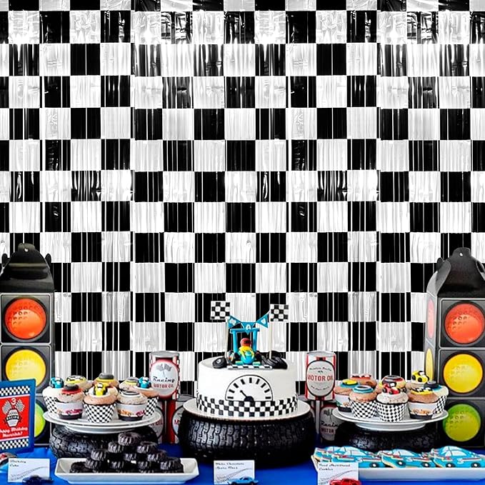 6 Pack 3.3Ft x 6.6Ft Race Car Checkered Foil Fringe Curtain Backdrop Decorations, Black White Metallic Tinsel Foil Streamers Curtain Photo Booth for Race Car One Happy Dude Birthday Party Decorations