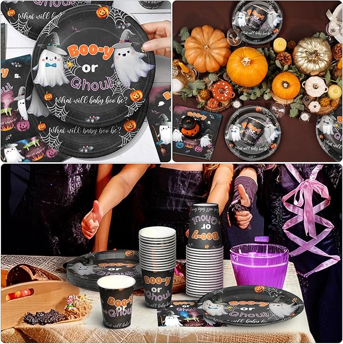 Hushee 200 Pcs Halloween Baby Shower Paper Plates Cups Napkins Party Supplies Halloween Booy or Ghoul Gender Reveal Party Decoration Disposable Tableware Set