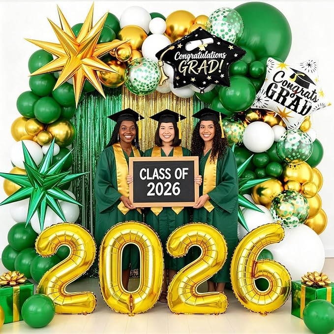 Green White Gold Balloon Arch Kit, Graduation Balloons Garland, 2026 Graduation Decorations Green Gold and White Balloons with Foil Star Balloon for Class of 2026 ollege High School Party Decor