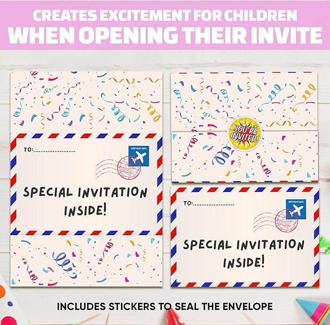 36 Kids Childrens Birthday Party Invitations with Folding Envelope Design and Holographic Stickers (Pink)