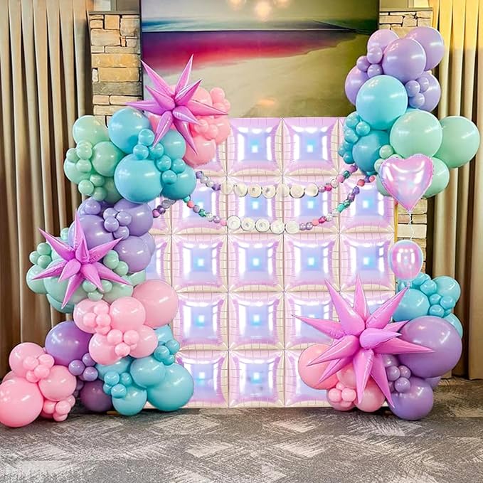 Iridescent Balloons Wall Square, 25Pcs Transparent Laser Foil Balloon Backdrop, Double Sided Gradient Crystal Colorful Balloon Tunnel Arch Background for Birthday Wedding Baby Shower Easter Rainbow