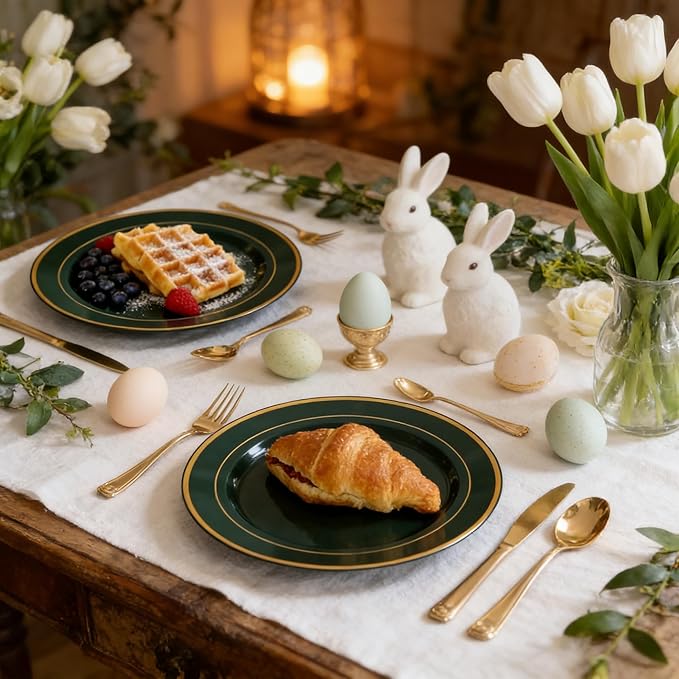 175PCS Green Plastic Plates - Green and Gold Disposable Plates 25Guests Plastic Plates with Rolled Napkins for Birthday/St. Patrick's Day/Easter