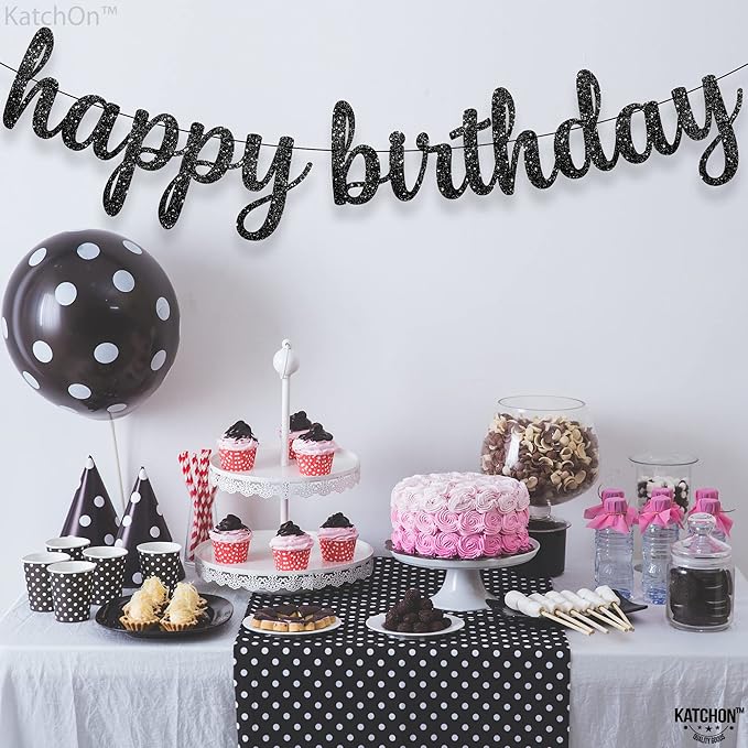 KatchOn, Glitter Cursive Black Happy Birthday Banner - Pre-Strung, 10 Feet | Happy Birthday Sign | Birthday Decorations for Women, Men, Boys and Girls | Birthday Party Decorations