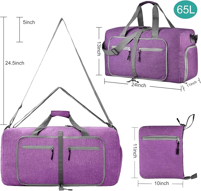Dimayar 65L Travel Duffle Bag for Men Women - Foldable Duffel Bag with Shoes Compartment - Overnight Bags Waterproof & Tear Resistant(Purple)