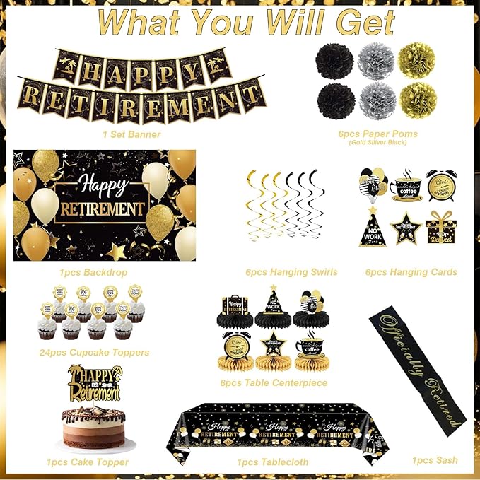 Retirement Party Decorations Includes Banner, Backdrop, Cake Topper, Hanging Swirls, Tablecloth, Honeycomb Centerpiece for Happy Retirement Decorations