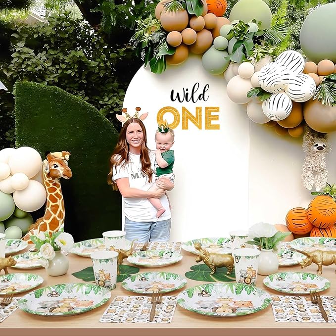 Safari Jungle Baby Shower Plates Set Decorations Wild One Birthday Party Decorations Serves 25,Sage Green Plates Napkins Cups and Forks Animals Theme Disposable Tableware Set
