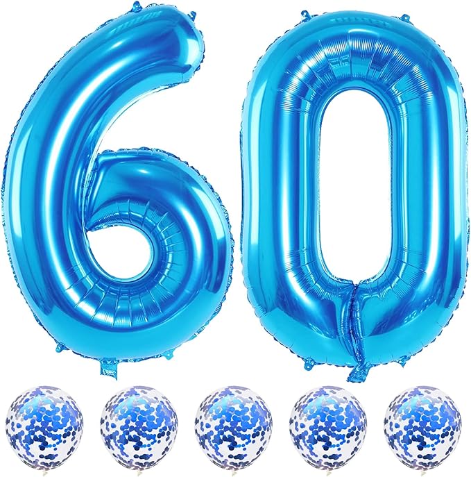 60th Birthday Balloons for Men, 40 Inch Giant Blue Foil Number 60 Balloons with Blue Confetti Balloons Kit, Digit 6 & 0 Helium Balloons for Boys Girls Women 6th 60th Anniversary Party Decorations