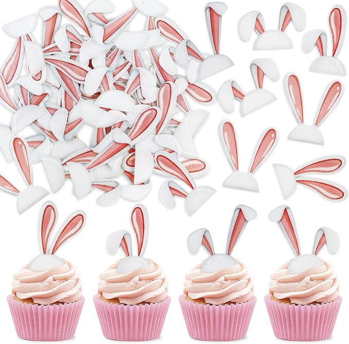 Ercadio 40Pcs Edible Easter Bunny Ear Cupcake Toppers Edible Rabbit Ears Cupcake Picks Drink Toppers for Easter Rabbit Theme Baby Shower Kids Boys Girls Birthday Party Cupcake Decorations Supplies