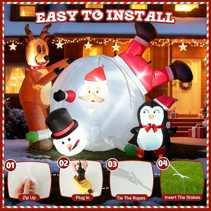 JOYHALO 6FT Christmas Inflatable Outdoor Decorations, Snowball Rolling Scene with Santa Claus, Penguin, Reindeer & Snowman, Build-in LED Lights, Blow Up for Indoor Yard Lawn Party Decor