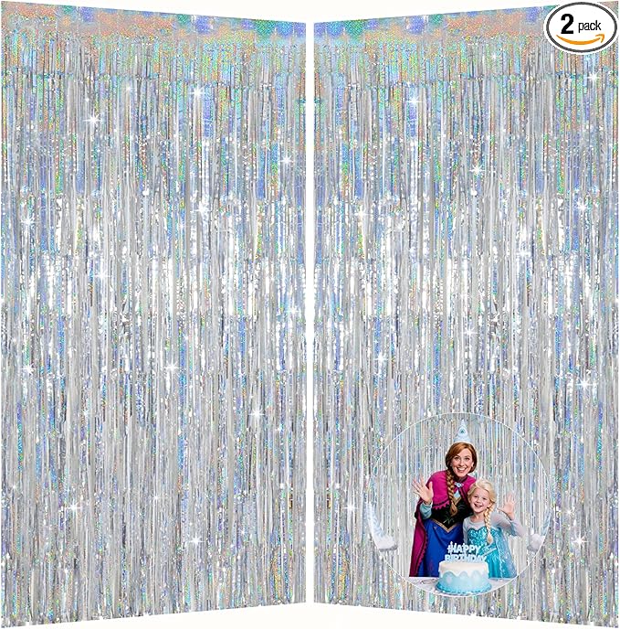 Silver Foil Fringe Curtains for Party Decorations, Birthday Photo Backdrop, 3.28 x 6.56ft Metallic Streamer Tinsel Curtain with Glitter for Birthday Wedding Wall Hanging Supplies