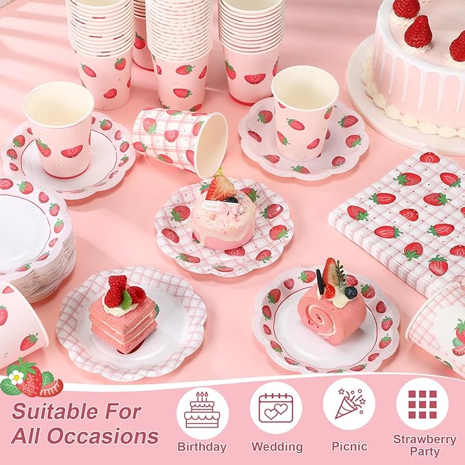Yungyan 216 Pcs 72 Guest Strawberry Party Paper Plates and Napkins Strawberry Decoration Disposable 6" Scalloped Dessert Plates 9 oz Cup Tableware Set for Baby Shower Berry First Birthday Supplies