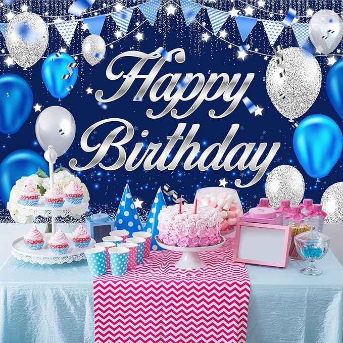 Happy Birthday Banner - Birthday Decorations for Men Women Boys Girls Blue Sliver Birthday Party Banners Welcome Happy Birthday Background Sign Theme Party Decorations Indoor Outdoor