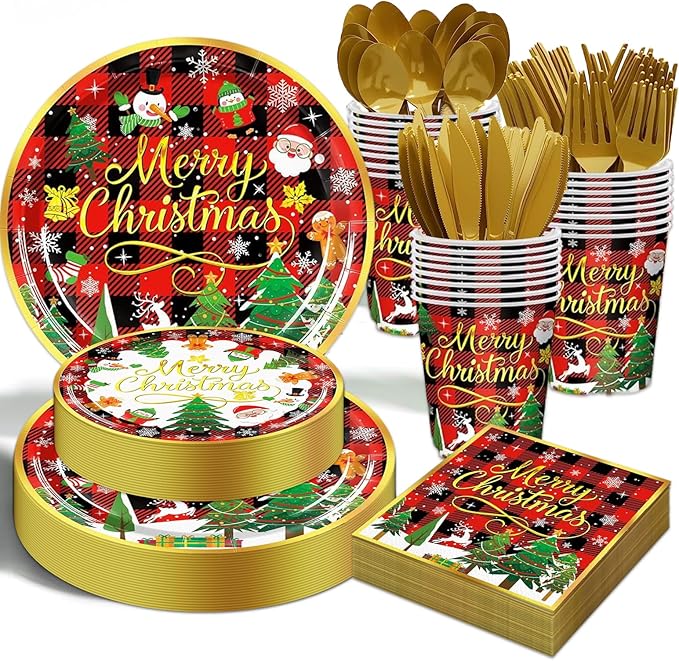 Christmas Party Decorations Supplies - 175 PCS Merry Christmas Red Plaid Disposable Dinnerware Set Xmas Paper Plates and Napkins Sets with Cups Fork Spoon for Holiday Party Supplies, Serve 25