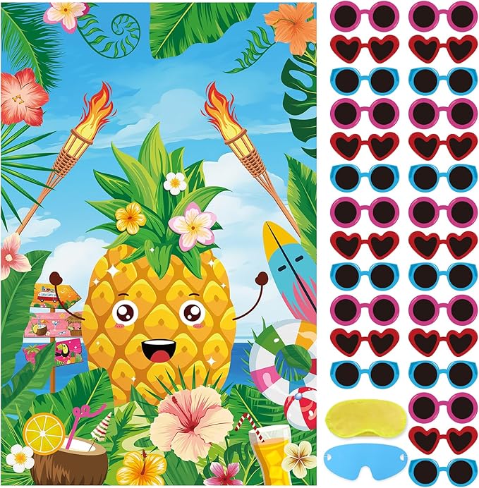 Hooqict Luau Party Game for Kids Pin the Sunglasses on the Pineapple for Summer Tropical Tiki Luau Party Supplies Decorations, Large Hawaiian Pin The Tail Game Poster with 27 Pineapple Stickers