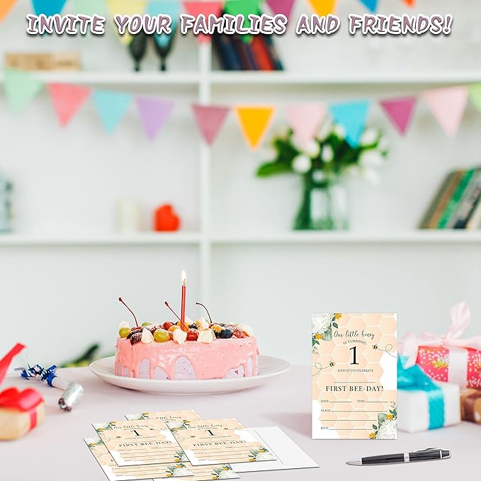 Honeycomb 1st Birthday Invitations Cards, 4"x 6" Honey Bee Birthday Party Invites with Envelopes for Party Decorations Supplies(20 Pieces) -D20