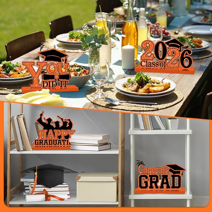 4Pcs Graduation Decorations Class of 2026 Wood Table Centerpieces Congrats Grad Wooden Sign Graduation Table Toppers Congratulate Tiered Tray Decor for 2026 Graduation Party (Orange-Black)