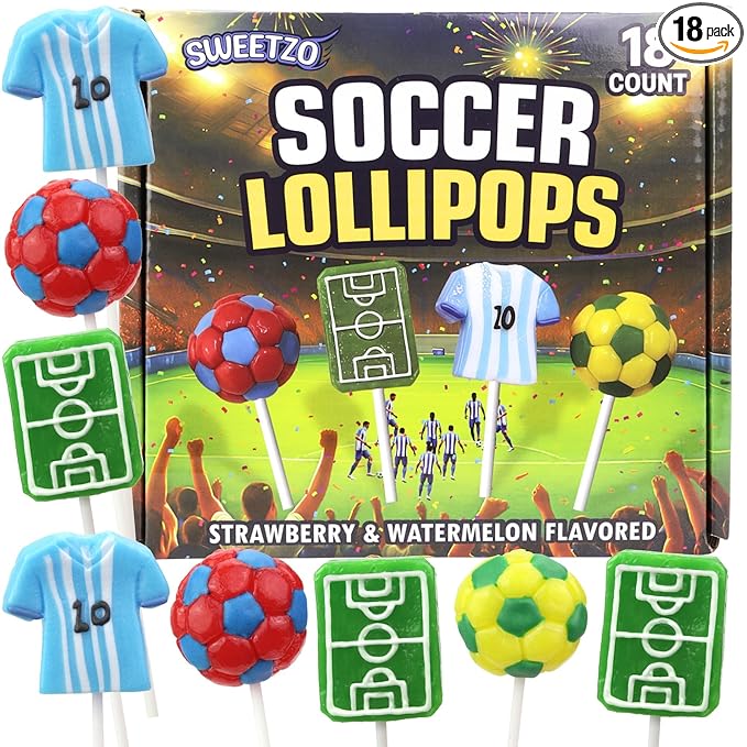 Soccer Lollipops, Ball, Jersey, and Field Individually Wrapped Suckers, Sports Team Party Favor Candy and Goodie Bag Fillers, 18 Count