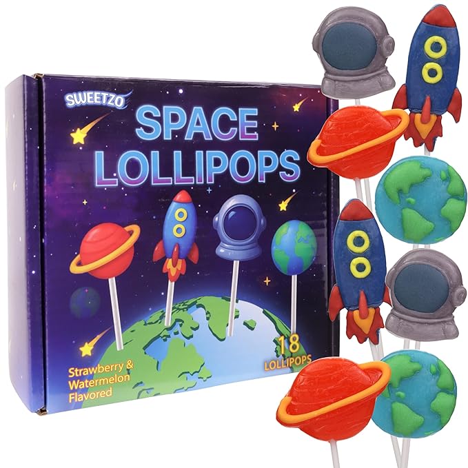 Space Lollipops, Galaxy Themed Birthday Party Treats, Individually Wrapped Candy Rocket, Earth, Saturn & Astronaut Suckers, 18 Pieces