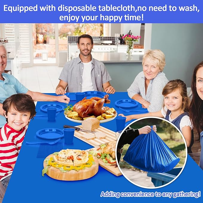 Blue Plastic Plates for Party,30 Guest Disposable Plastic Plate Set 9" Plates,7" Dessert Plates,Napkins,12 oz Cups,Forks & Tablecloth for Birthday,Graduation,Picnic,Father's Day Party