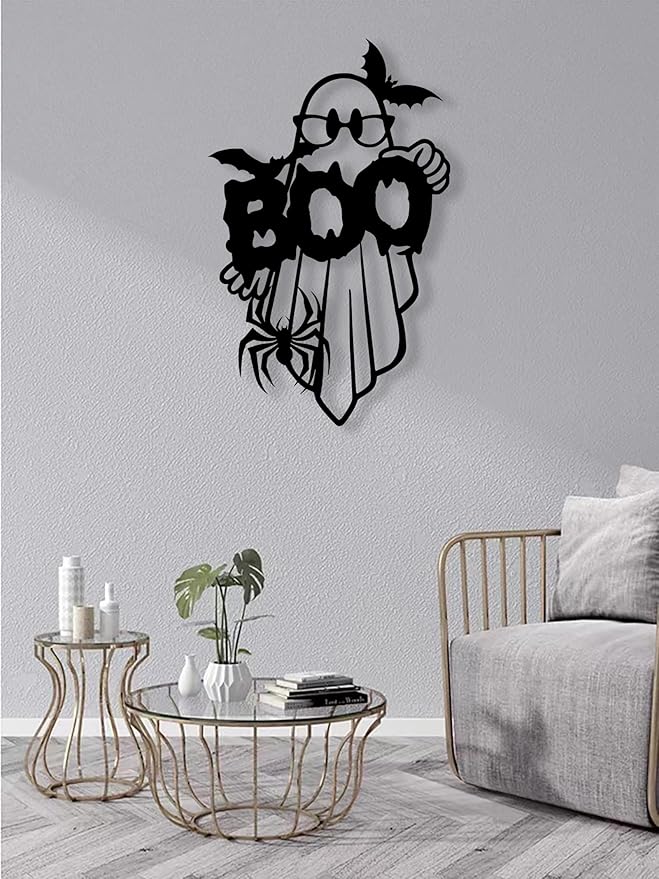 RESACO Cute Ghost Wall Art Halloween Metal Wall Decor Halloween Decorations for Front Door Wall Decorations for Bathroom Living Room Indoor Outdoor (10.6IN X 16.9IN Black)