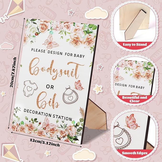 201 Pcs Baby Shower Set Baby Shower Game Sign Baby Bib Bodysuit White Baby Bib Newborn Bodysuit Baby Shower White Decorating Kit(PinkFlowerButterfly)