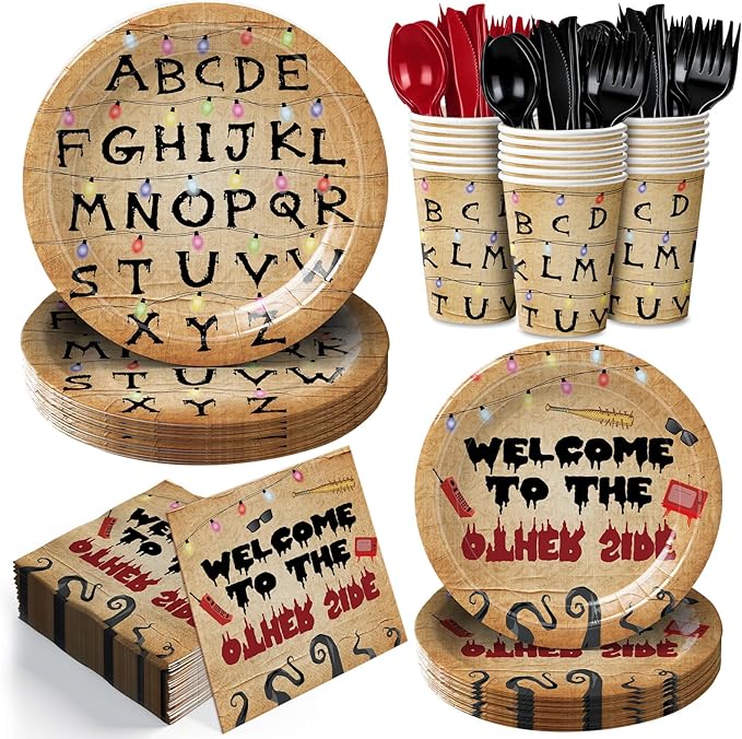 168pcs Spooky Rustic Alphabet Birthday Party Supplies Paper Plates Napkins Cups Disposable Colorful Light Bulbs Tableware Set Party Decorations for Boys Girls Birthday Decor Serve 24