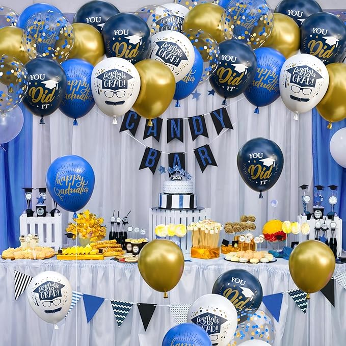 OuMuaMua 74 Pack Graduation Party Decorations Balloons Set - 12 Inch Navy Blue Metallic Gold Graduation Balloons Blue Gold White Confetti Balloons for Class of 2026 Grad Birthday Party Decor Supplies