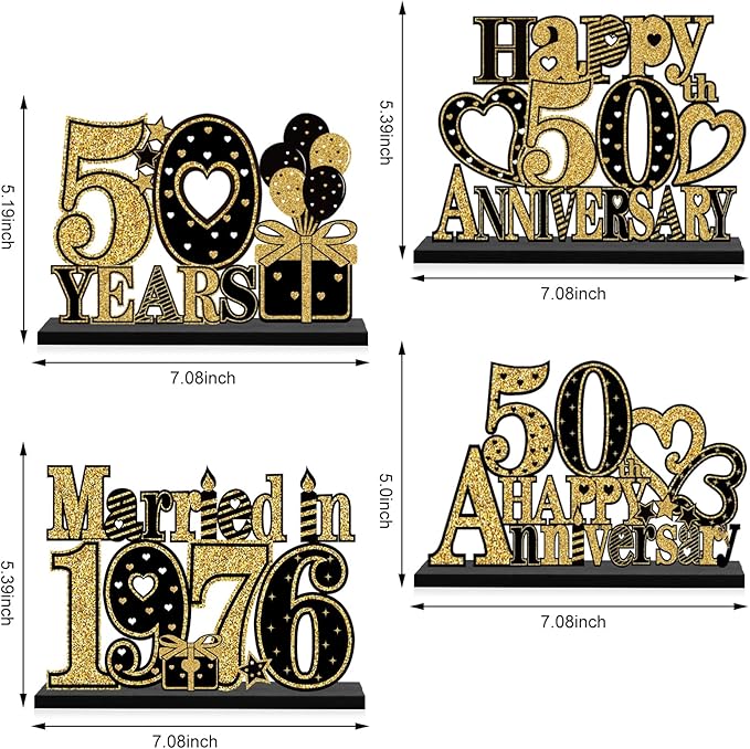 Eiurteao 4 Pieces 50th Anniversary Decorations Married in 1976 Wooden Table Sign, Black Gold Happy 50 Wedding Anniversary Table Centerpieces Party Supplies, Cheers to 50 Year Anniversary Table Decor