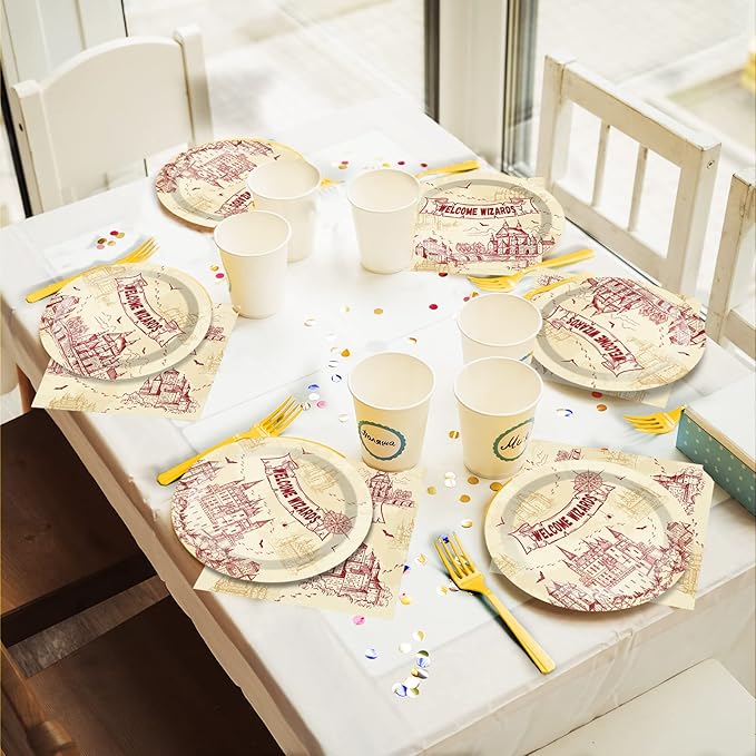 chiazllta 96 Pcs Wizard Party Paper Plate and Napkins Magical Wizard Tableware Wizard Theme Party Plates Vintage Castle Birthday Plates and Welcome Wizard Napkins Plates for Party Favors 24 Guests