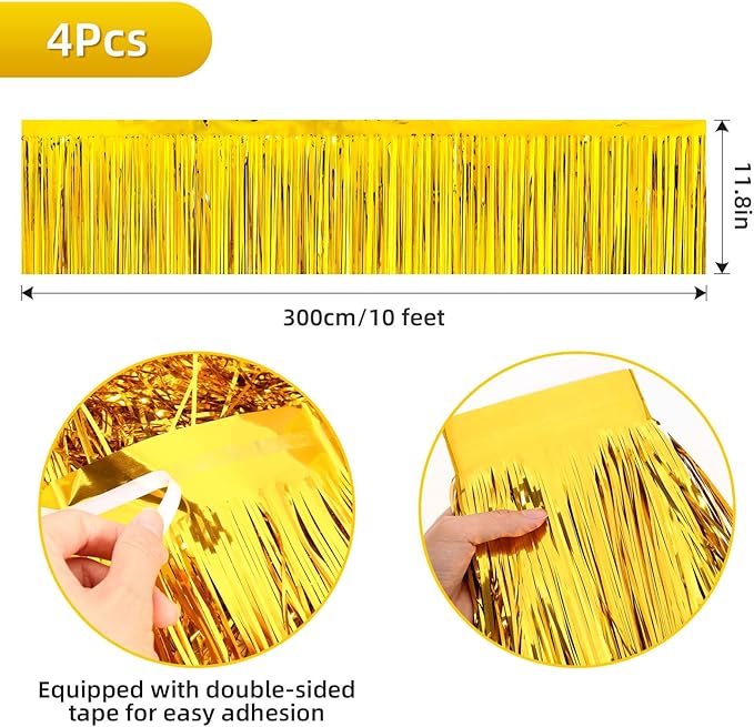 4 Packs Foil Fringe Garland Tinsel Streamers Shiny Wall Hanging Birthday Banner Backdrop for Graduation Wedding Anniversary Celebration Happy Birthday Party Decorations Gold